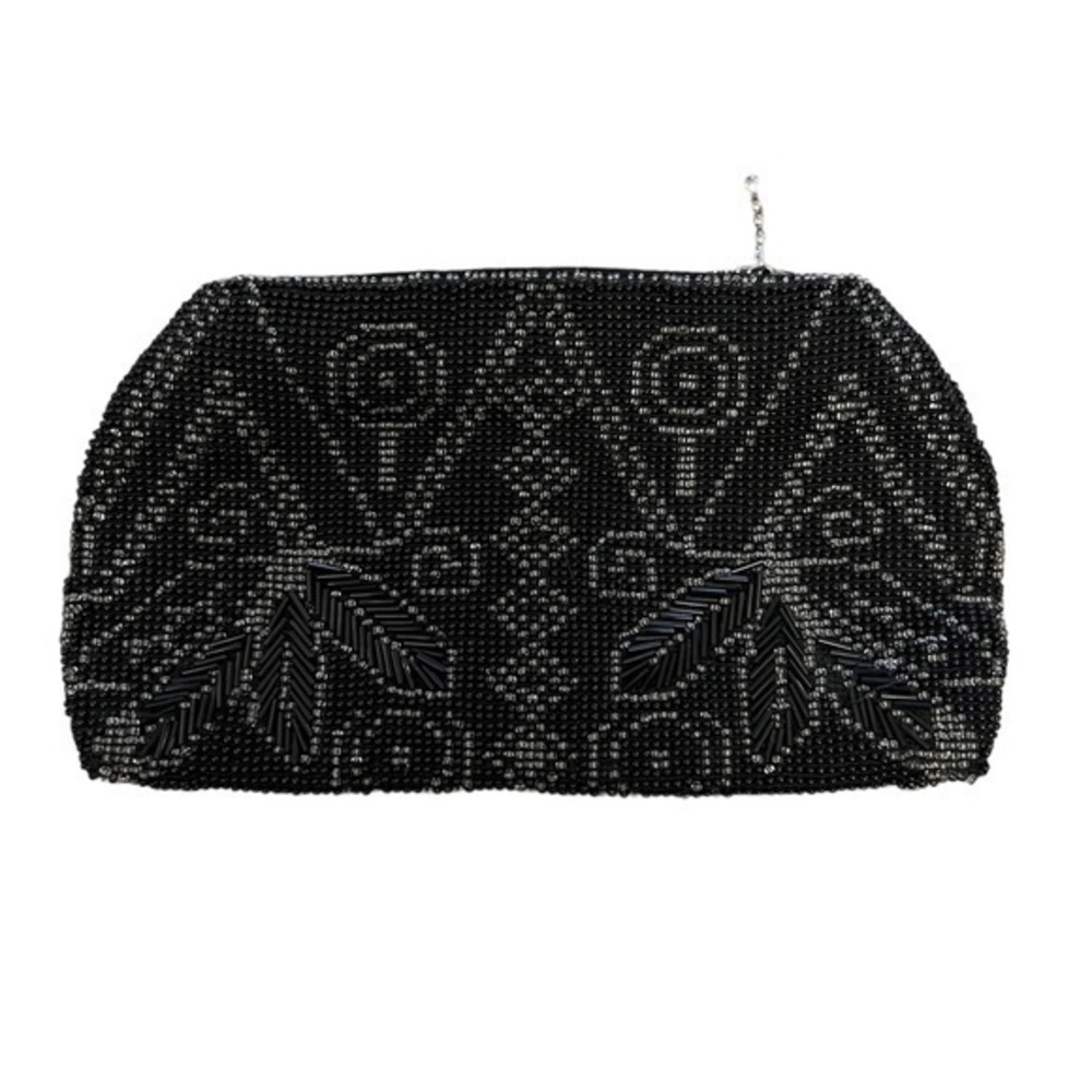 CZECH Glass Bead Small Black Geometric Beaded Medicine Coin Belt Zipper Pouch
